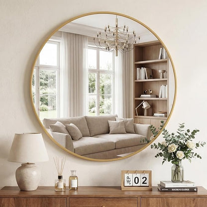 DUMOS 28 Inch Round Wall Mirror, Bathroom Mirrors for Over Sink | Matte Metal Framed Circle Mirror, Wall Decor for Bedroom, Entryway, Anti-Rust, Tempered Glass, Hanging or Leaning, Gold
