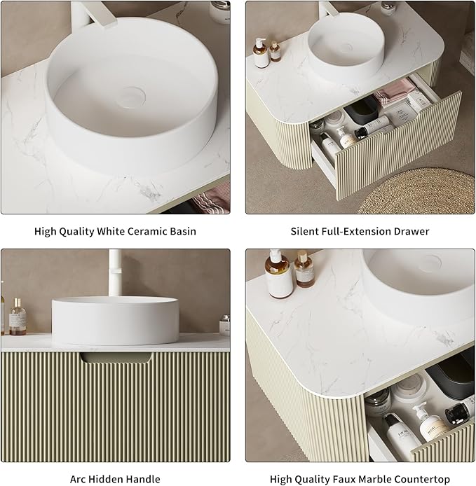 Yayzy 24" Floating Bathroom Vanity with Sink, Solid Wood Fluted Cabinet, White Round Ceramic Basin & Faux Marble Top, Soft-Close Drawer, Pre-Assembled, Light Green