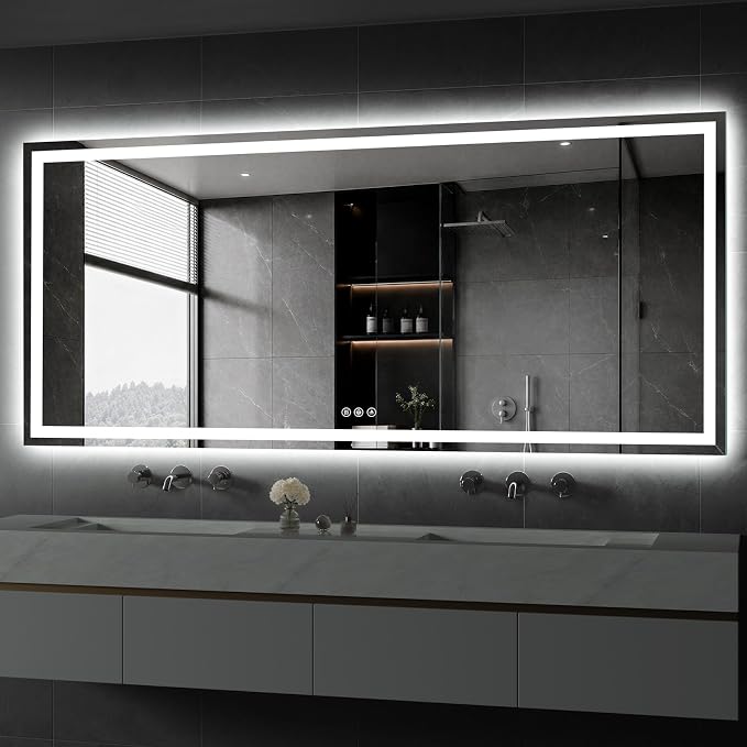 Koonmi 72x32 LED Bathroom Mirror with Light, Anti-Fog, 3 Colors | Backlit + Front Lit, Dimmable Brightness, Shatterproof HD Distortion-Free Tempered Glass, Hardware Included