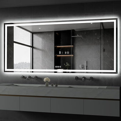 Koonmi 72x32 LED Bathroom Mirror with Light, Anti-Fog, 3 Colors | Backlit + Front Lit, Dimmable Brightness, Shatterproof HD Distortion-Free Tempered Glass, Hardware Included