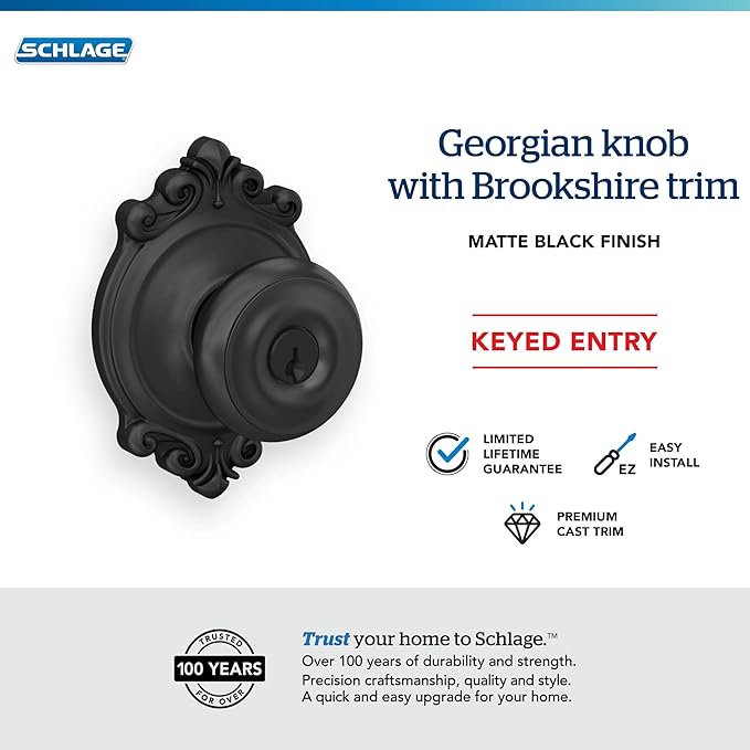 SCHLAGE F51A GEO 622 BRK Georgian Knob with Brookshire Trim Keyed Entry Lock, Matte Black