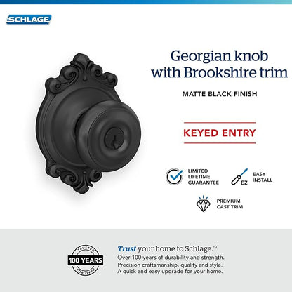 SCHLAGE F51A GEO 622 BRK Georgian Knob with Brookshire Trim Keyed Entry Lock, Matte Black