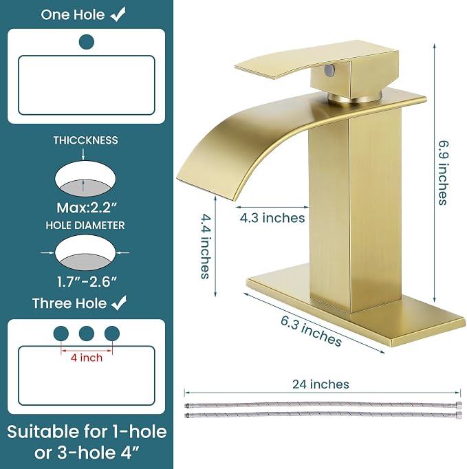 Bathroom Faucets Brushed Gold Waterfall Bathroom Sink Faucet 2 Pack | with Pop-up Drain & Deck,Supply Hoses,Single Handle Vanity Faucet,Stainless Steel,1 or 3 Hole,RV,Farmhouse Bathrooms