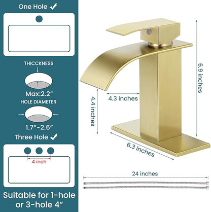 Bathroom Faucets Brushed Gold Waterfall Bathroom Sink Faucet 2 Pack | with Pop-up Drain & Deck,Supply Hoses,Single Handle Vanity Faucet,Stainless Steel,1 or 3 Hole,RV,Farmhouse Bathrooms