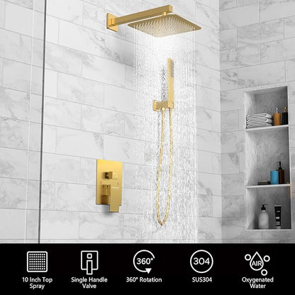 EMBATHER Brushed Gold Shower System- 10 inch Shower Faucet Sets with Rain Shower Head Hand Held Shower Head for Bathroom, Wall Mounted Square Shower Combo Set (Contain Shower Valve and Trim)