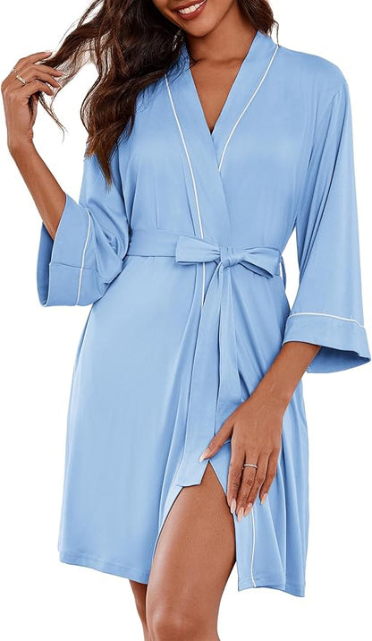 Ekouaer Women Kimono Robes Knee Length Knit Bathrobe Lightweight Soft Sleepwear V-neck Casual Ladies Loungewear