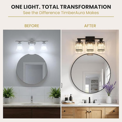 Crystal Bathroom Light Fixtures, 3-Light Matte Black, Vanity Lights for Bathroom Over Mirror, Modern Bath Wall Sconce for Mirror Bedroom Living Room