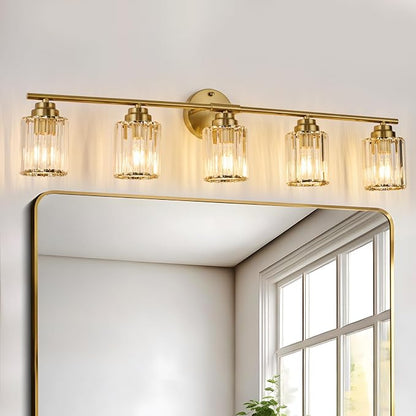 5-Light Crystal Bathroom Light Fixtures, Modern Gold Vanity Light, 37.4" Vanity Lights with Clear Crystal Shade, E26 Base Wall Sconces Over Mirror for Bathroom, Bedroom, Hallway