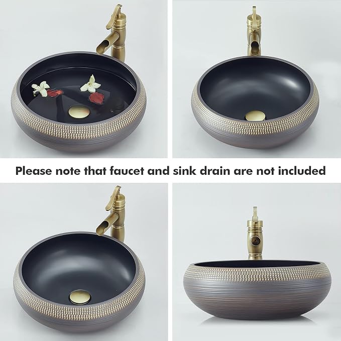 16 Inch Round Vessel Sink - Brown & Black Porcelain Ceramic Art Basin, Handmade Countertop Bathroom Sink Bowl