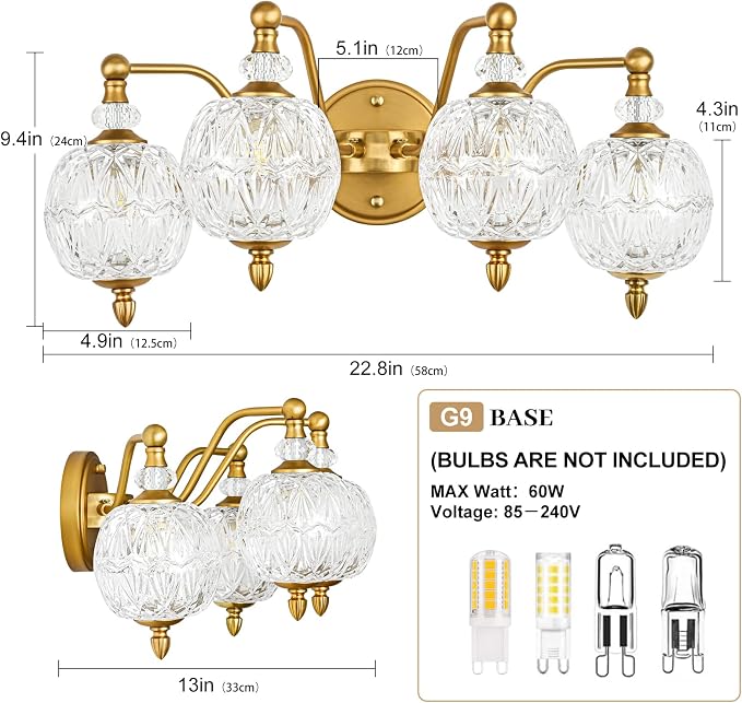 Vintage Bathroom Vanity Light, 4-Light Mid Century Matte Brass Finish Wall Sconce with Globe Glass Shades, Retro Mirror Light for Bathroom, Powder Room