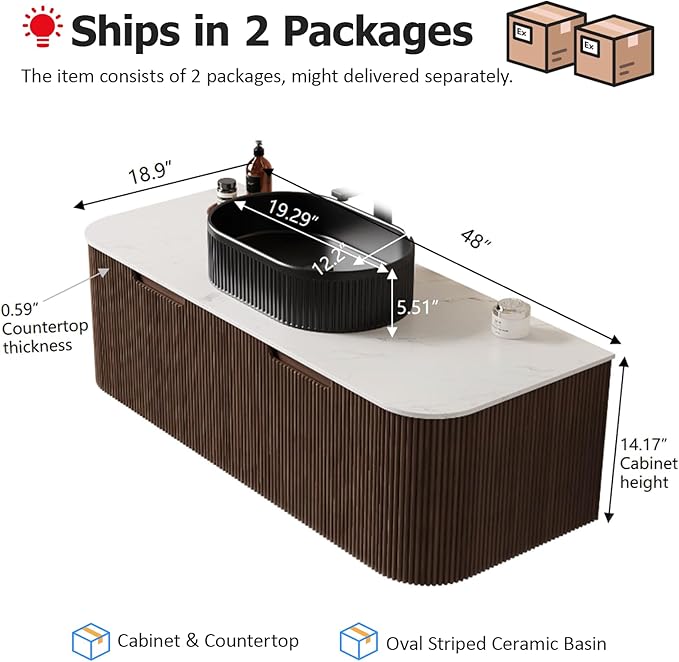 48" Floating Bathroom Vanity with Sink, Wall-Mount Cabinet with 2 Large Storage Drawer, Black Oval Bathroom Ceramic Basins and Marble Top, Soft-Close Design, Dark Walnut