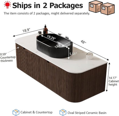 48" Floating Bathroom Vanity with Sink, Wall-Mount Cabinet with 2 Large Storage Drawer, Black Oval Bathroom Ceramic Basins and Marble Top, Soft-Close Design, Dark Walnut