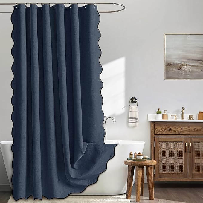 MIULEE 72"x84" Extra Long Scalloped Linen Shower Curtain Navy | Linen Textured, Waterproof, Washable, 12 Metal Hooks, Heavy Duty Cloth, Black Border, Shower Curtain for Bathroom Bathtub