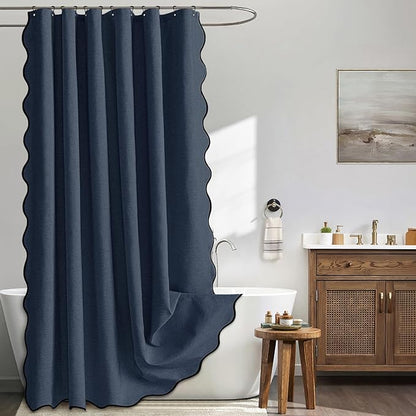 MIULEE 72"x84" Extra Long Scalloped Linen Shower Curtain Navy | Linen Textured, Waterproof, Washable, 12 Metal Hooks, Heavy Duty Cloth, Black Border, Shower Curtain for Bathroom Bathtub