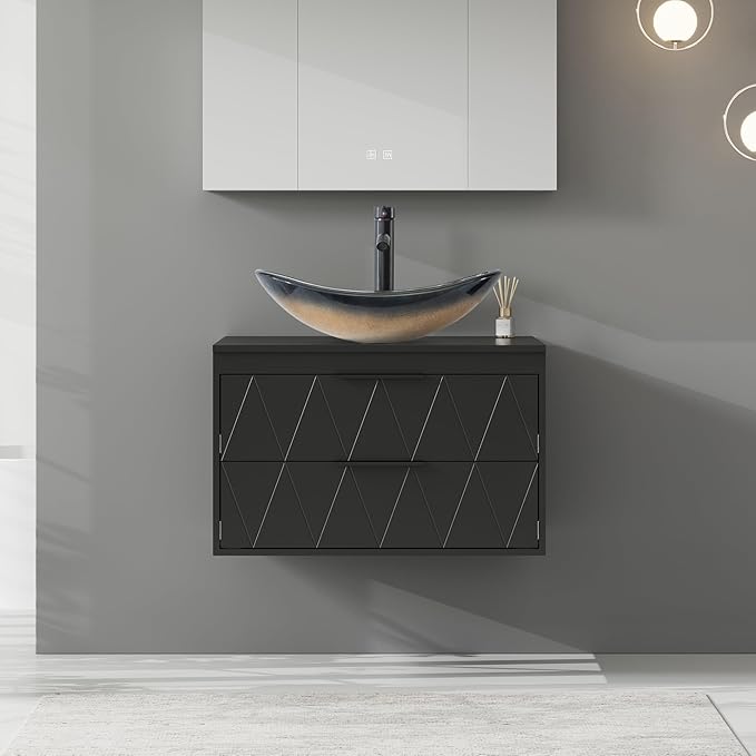 eclife 30" Floating Bathroom Vanities with Sink Combo, Wall Mounted Modern Cabinet W/Diamond Line Pattern Design, Champagne Boat Glass Vessel Sink W/Water Save Faucet & Pop Up Drain, Black
