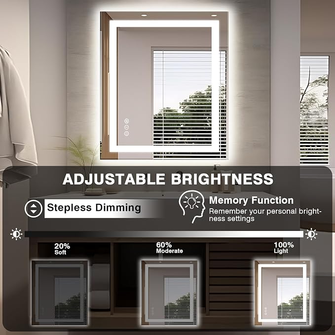 EchosLife 32"x36" LED Bathroom Mirror | Backlit + Front Lit, Anti-Fog, Stepless Dimmable, 3 Colors, Memory, Tempered Glass, UL Listed, Horizontal/Vertical