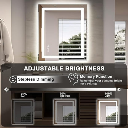 EchosLife 32"x36" LED Bathroom Mirror | Backlit + Front Lit, Anti-Fog, Stepless Dimmable, 3 Colors, Memory, Tempered Glass, UL Listed, Horizontal/Vertical