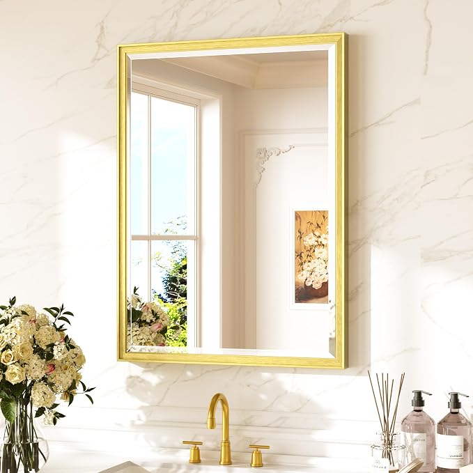 Keonjinn 24" x 32" Gold Bathroom Mirror, Secure French Cleat Installation | Aluminum Alloy Frame, Rustproof, HD Tempered Glass with Beveled Edge, Brushed Gold Mirrors for Wall, Hallway, Entryway Decor