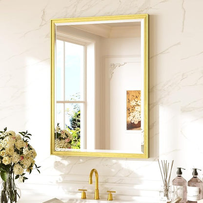 Keonjinn 24" x 32" Gold Bathroom Mirror, Secure French Cleat Installation | Aluminum Alloy Frame, Rustproof, HD Tempered Glass with Beveled Edge, Brushed Gold Mirrors for Wall, Hallway, Entryway Decor