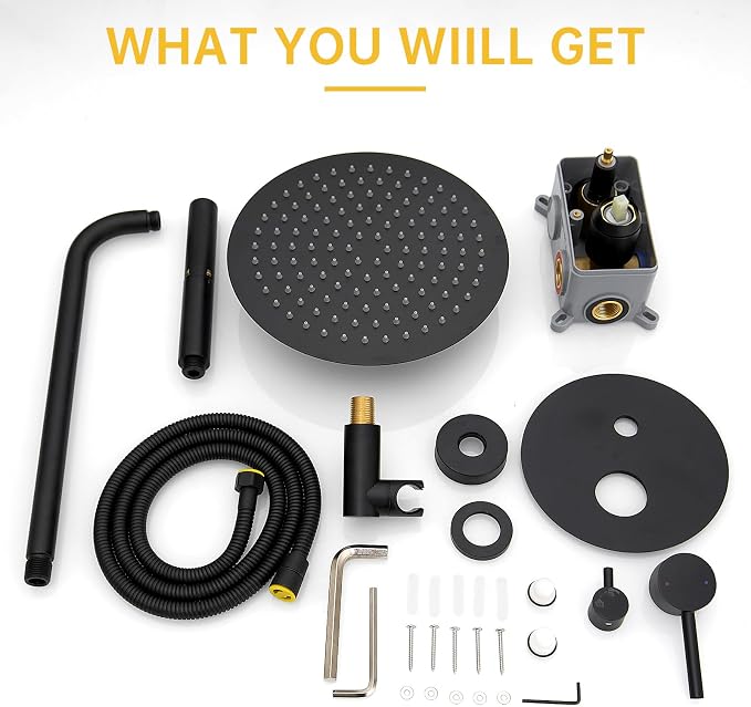 BESy Shower System with 10 Inch Round Rain Shower Head and Handheld Wall Mounted, High Pressure Rainfall Heads Shower Faucet Fixture Combo Set with 2 in 1 Spray Showerhead for Bathroom, Black