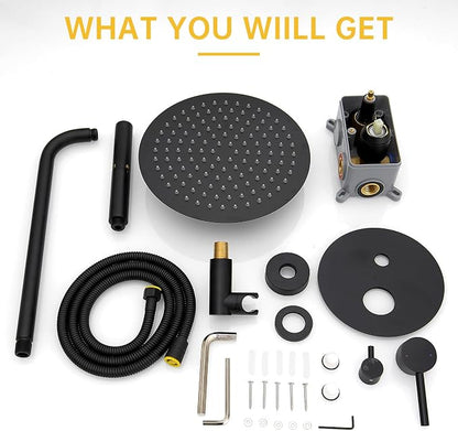 BESy Shower System with 10 Inch Round Rain Shower Head and Handheld Wall Mounted, High Pressure Rainfall Heads Shower Faucet Fixture Combo Set with 2 in 1 Spray Showerhead for Bathroom, Black