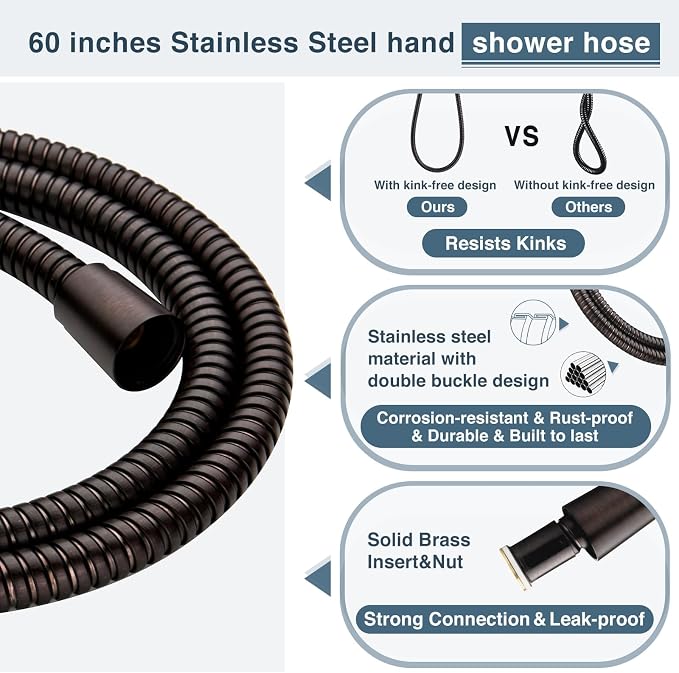 BRIGHT SHOWERS Rain Shower Head with Handheld Spray, 8 Inch Rainfall Shower Head Combo with 60" Hose, Adjustable Dual Square Showerhead Set with 3-Way Diverter, Wall Bracket, Oil-Rubbed Bronze