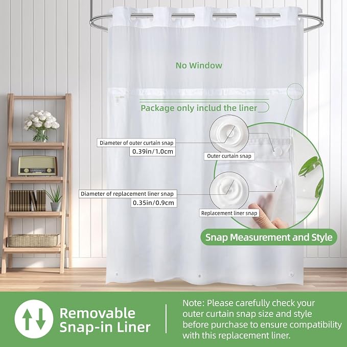 eachope 1 Pack PEVA Snap-in Shower Curtain Liner Replacement,Compatible with No Hook Shower Curtain with Snap in Liner, Removable & Water-Repellent,Machine Washable,70x54,Frost