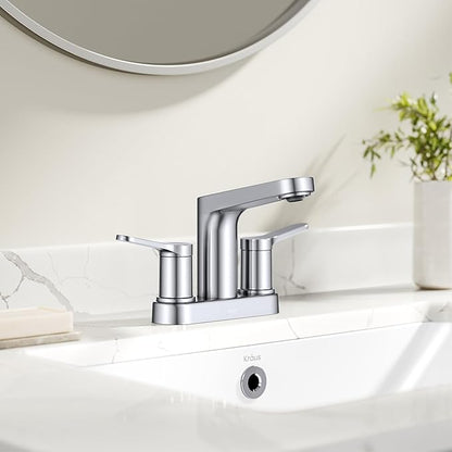 KRAUS Indy Centerset Bathroom Faucet in Chrome with 2 Handles, Pop Up Drain and Supply Lines, FUS14102CH