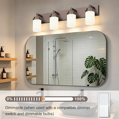 Bathroom Light Fixtures, Oil Rubbed Bronze Bathroom Lighting Fixtures Over Mirror, Modern Vanity Light with White Glass Shade, Restroom Lighting Fixtures, 4-Light 30-inch