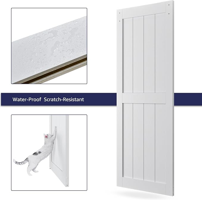 42" x 96" Sliding Barn Door with 7ft Brushed Nickel Hardware Kit & Handle | Pre-Drilled Holes Easy Assembly -White Solid Barn Door Slab Covered with Water-Proof PVC Surface, H-Frame