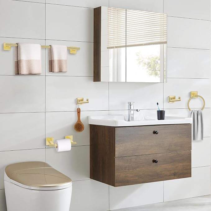 Brushed Gold Towel Bar Set, 5 Pieces Double Dase Toilet Paper Holder Bathroom Hardware Set, 23.6 Inch Stainless Steel Towel Racks for Bathroom Wall Mounted
