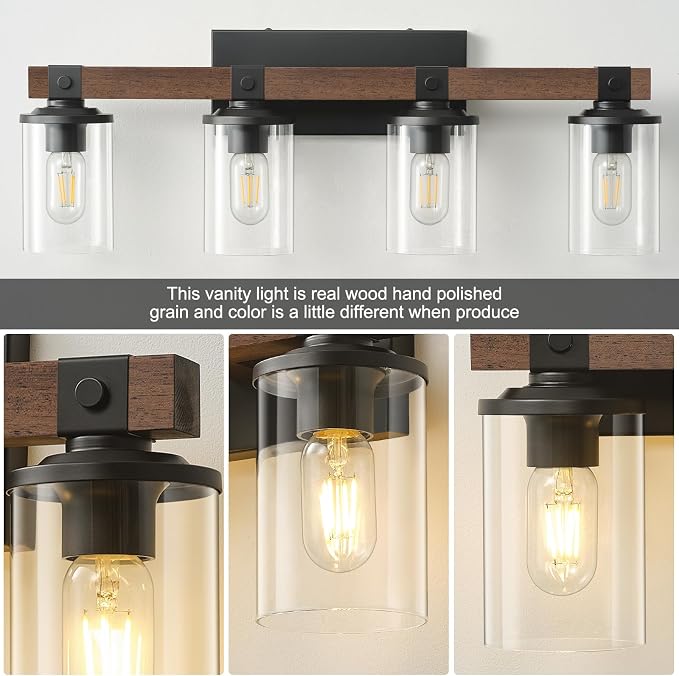 Bathroom Vanity Light Fixtures 4 lights Wooden Farmhouse Vanity Lights | Rustic Bathroom Lights over Mirror with Clear Glass Shade Black Industrial Wall Sconce for Bathroom Bedroom Hallway