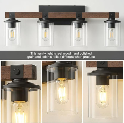 Bathroom Vanity Light Fixtures 4 lights Wooden Farmhouse Vanity Lights | Rustic Bathroom Lights over Mirror with Clear Glass Shade Black Industrial Wall Sconce for Bathroom Bedroom Hallway