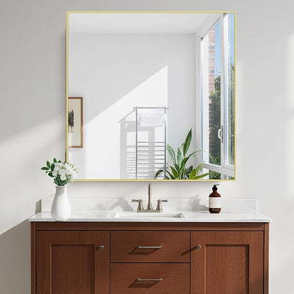 KOCUUY Gold Bathroom Mirror, 42"x42" Square Bathroom Mirror for Wall, HD Tempered Glass, Anti-Rust Frame, Modern Design for Bathroom, Bedroom, Living Room, Entryway