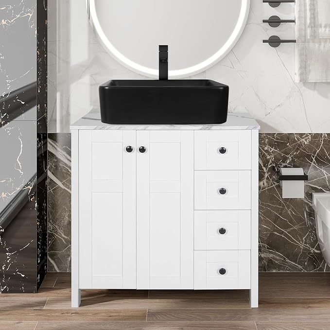 32" White Bathroom Vanity with Marble Texture Top and 4 Drawers, Modern Standing Pedestal Cabinet with Black Ceramic Sink