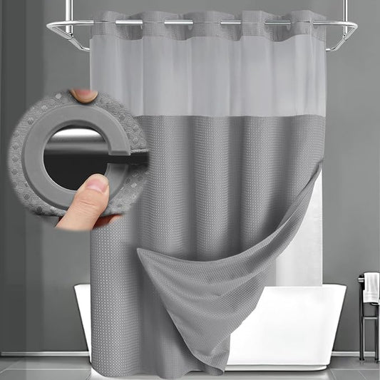 No Hook Shower Curtain with Liner Set Hotel Waffle Curtain Grey 72W X 87L | Washable Snap in Fabric Liner, Mesh Top Window, Waffle Hotel Style Shower Curtain Set