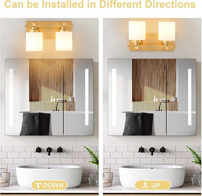2 Light Modern Bathroom Light Fixtures Over Mirror, Brass Finish Vanity Lights for Bathroom Wall Sconces with Milky White Glass Shades, E26 Socket (Bulbs Not Included)