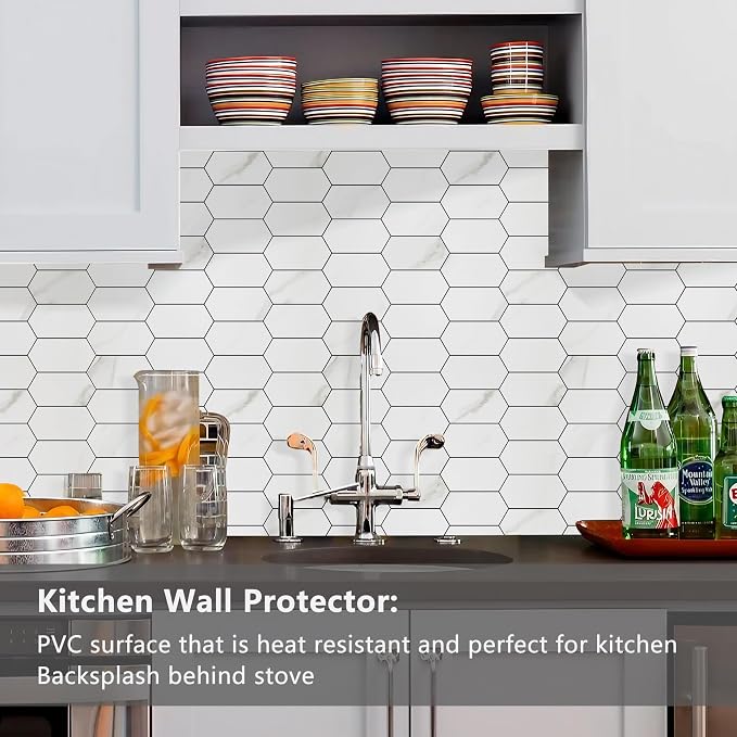 Vamos Tile Long Hexagon Peel and Stick Backsplash Tile - 10 Sheets Stick on Backsplash for Kitchen and Bathroom 12.4 x 12 Inch White Marble Look PVC Self Adhesive Mosaic Wall Tiles