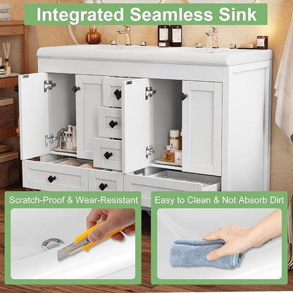 48" Bathroom Vanity with Double Sink, 47.3" W x 19.7" D x 35.4" H Modern Double Bathroom Vanity Cabinet with 2 Doors & 6 Drawers, Solid Wood Frame White Vanity Set with Ceramic Sinks