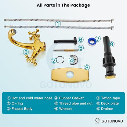 gotonovo Bathroom Sink Faucet Single Hole Double Cross Handle Knobs Lavatory Vessel Sink Mixer Tap Bathroom Faucet with Pop up Drain and Deck Cover Plate Polish Gold