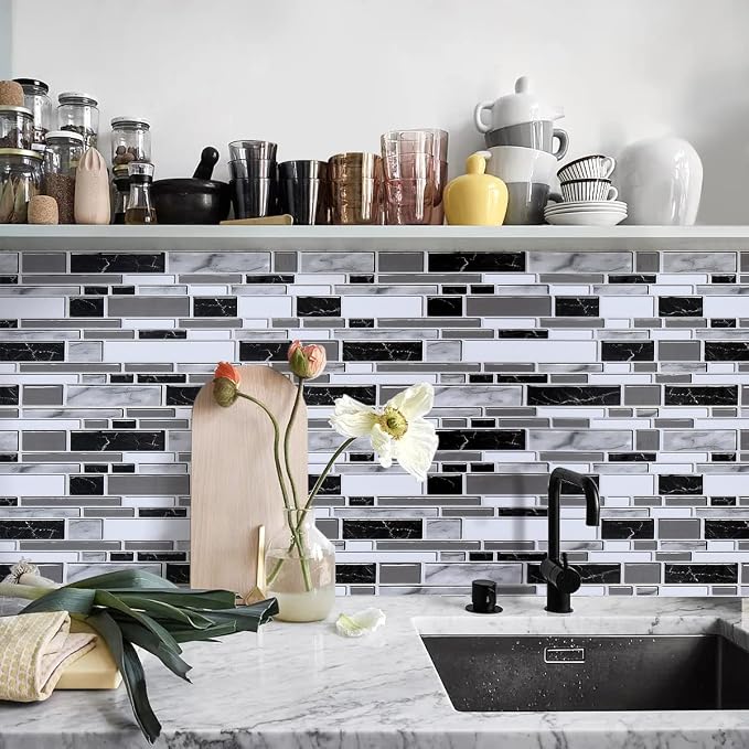Livebor Kitchen Wallpaper Peel and Stick for Bathroom 11.8inch x 196.8inch | Kitchen Contact Paper Backsplash Tiles Wallpaper Peel and Stick Waterproof Countertop Wallpaper for Bathroom Cabinet Vinyl