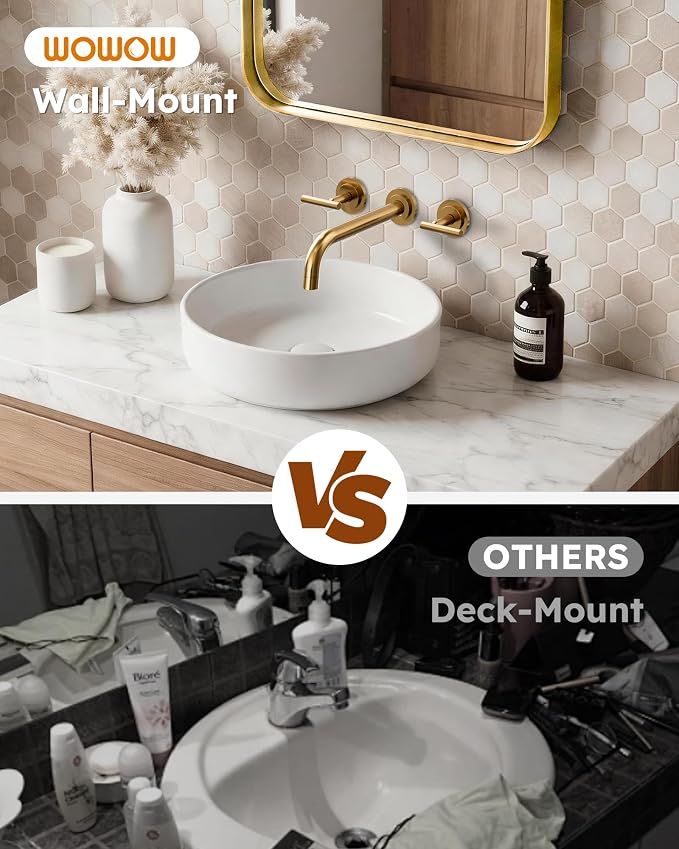 Wall Mount Bathroom Faucet - WOWOW Brushed Gold Bathroom Sink Faucet - 2 Handle Wall Mount Vessel Sink Faucet 3 Holes Elegant Classic Spout Rough in Brass Valve Included