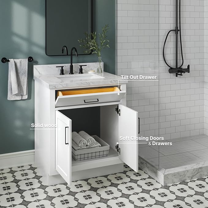 ARIEL Hepburn 30-inch Bathroom Vanity Base Cabinet,Solid Wood, 2 Soft Closing Doors, 1 Dovetail Drawers, White