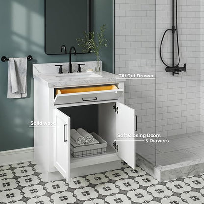 ARIEL Hepburn 30-inch Bathroom Vanity Base Cabinet,Solid Wood, 2 Soft Closing Doors, 1 Dovetail Drawers, White