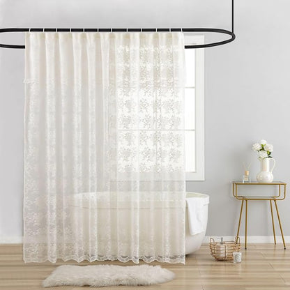 TUDECO Ivory Lace Shower Curtain with Valance, 72 x 72, Vintage Style, | Sheer Floral, Antique Bathroom Decor, Scalloped Bottom, Soft Light Filtering, Gentle Privacy, Reinforced Holes