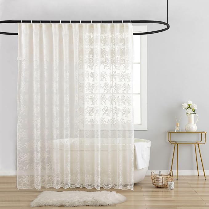 TUDECO Extra Long Shower Curtain - Rustic Lace Off White Shower Curtain with Attached Valance Vintage Floral Sheer Extra Wide Bathroom Decor Scalloped Edges, 102" W×84" L, 1 Panel, Cream