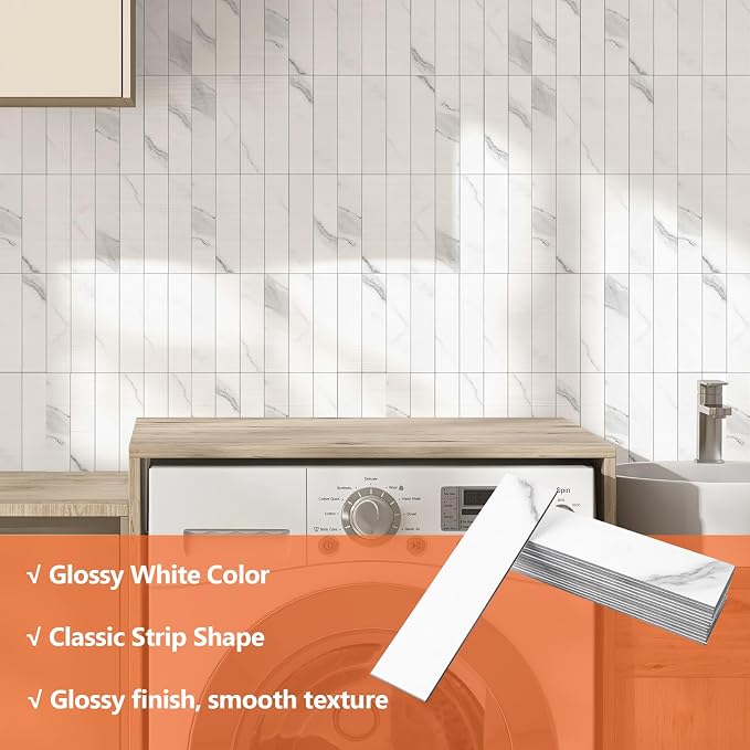 80-Piece Marble White Thick PVC Peel and Stick Backsplash, 2" x 8" Waterproof Subway Tile Peel and Stick Wall Tiles for Kitchen and Bathroom