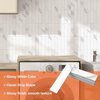 80-Piece Marble White Thick PVC Peel and Stick Backsplash, 2" x 8" Waterproof Subway Tile Peel and Stick Wall Tiles for Kitchen and Bathroom
