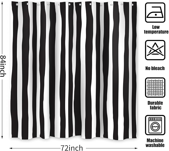 Black and White Extra Long Shower Curtain, Striped Boho Minimalist Modern Waterproof Fabric Machine Washable for Bathroom Bathtub with Hooks 72Wx84H