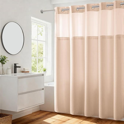 River Dream Heavyweight Waffle No Hook Shower Curtain with Liner,Pink,71x74 | Dotted Waffle,Snap-in Liner,Heavy Duty,Quick Dry,Mesh Top Window,With Bottom Magnets,Hotel-Grade,Washable,Standard Size